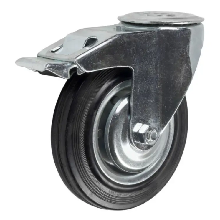 Промышленное колесо, диаметр 75мм, крепление под болт 10,5мм, поворотное, тормоз, черная резина, роликовый подшипник - SChb 93